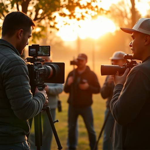A behind-the-scenes shot of a Visionary Studios film crew during an outdoor corporate video shoot, focusing on teamwork and professionalism.