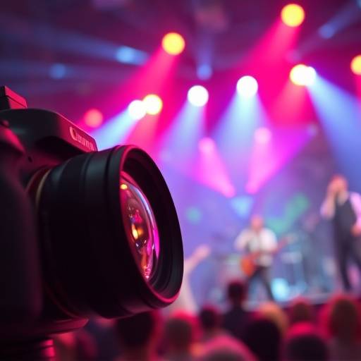 A close-up shot of a professional camera lens capturing a live music performance on stage, with vibrant lighting and energy.
