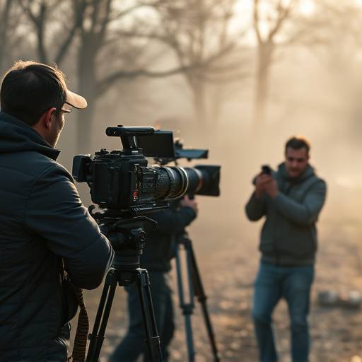 Behind-the-scenes shot of a film crew filming a dramatic scene outdoors.