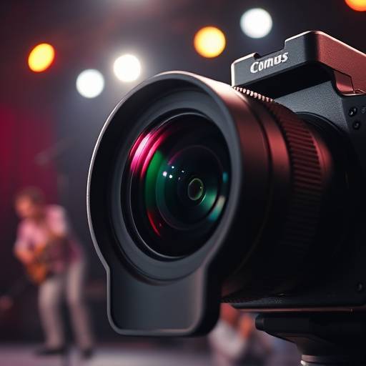Close-up shot of a camera lens capturing a performer on stage.