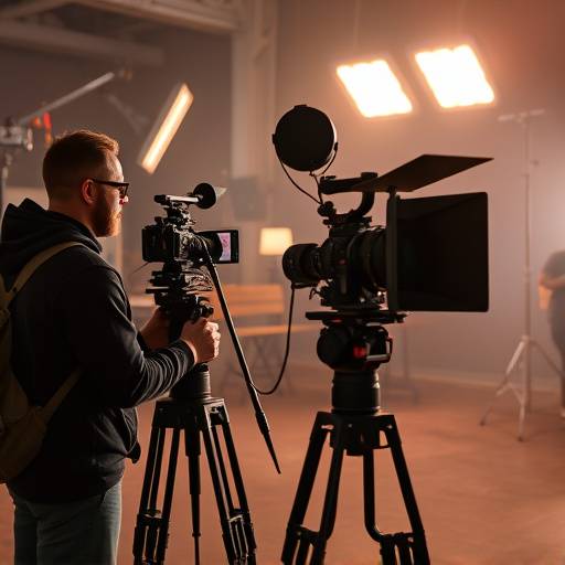 Film crew setting up a commercial video shoot with professional lighting.