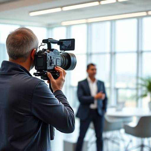 Professional videographer filming a corporate interview in a well-lit office setting.