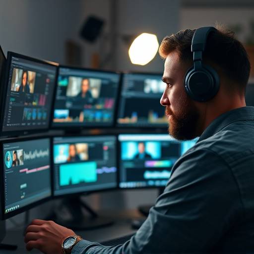 Video editor working on a project, utilizing multiple monitors and editing software.