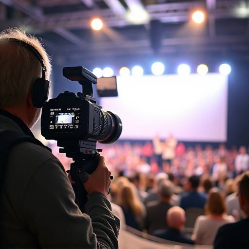 Videographer capturing a live event on stage with stage lighting and an audience.