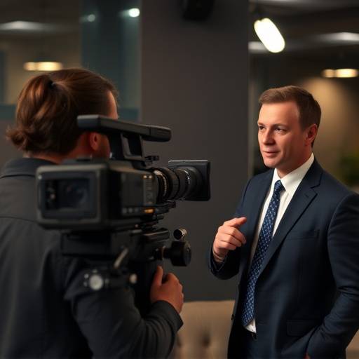 Videographer filming a corporate interview with good lighting.